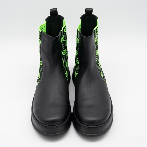 size 13G 13.5 us Gucci Chelsea GG Black Leather Pull On Boots Green - Picture 3 of 13